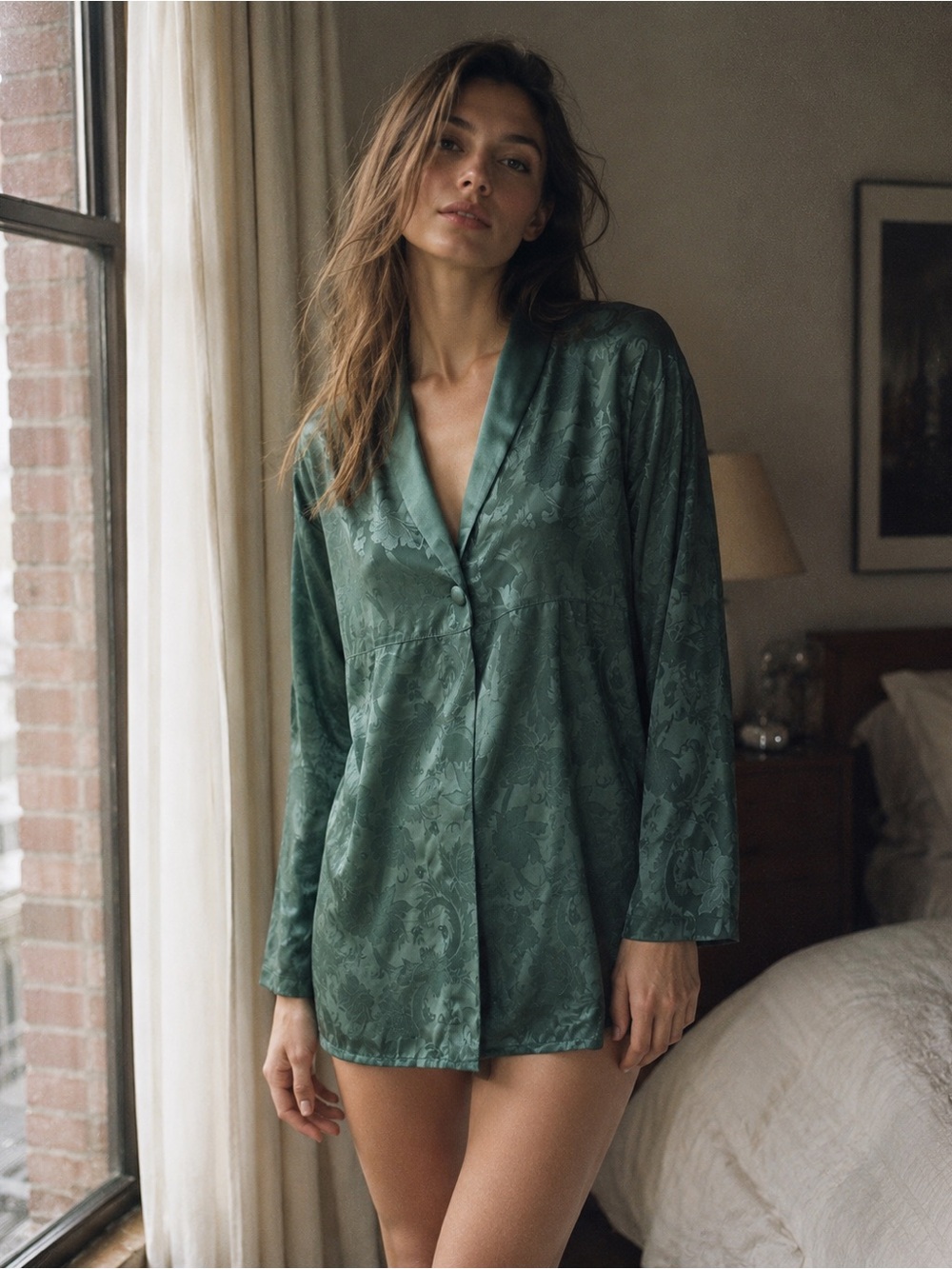 Vintage Victoria’s Secret Gold Label Green Satin Jacquard Pajama Top Shirt P/S